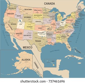 United States Map - Vintage Detailed Vector Illustration