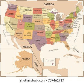 United States Map - Vintage Detailed Vector Illustration