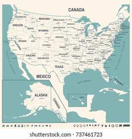 United States Map - Vintage Detailed Vector Illustration