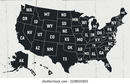 United States map with states. Vintage USA map with shortened state names. Poster of US map with old map texture. United States of America vintage print for t-shirt. Vector illustration.