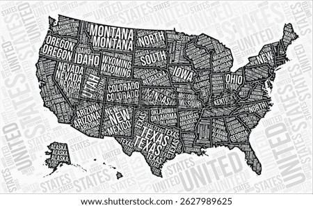 United States states map word cloud. Black and white region names map design. Elegant vector illustration.