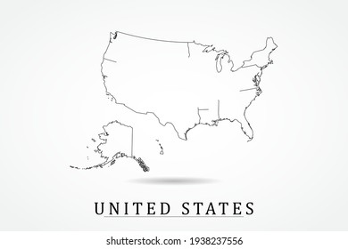 United States Map- World Map International Vector Template With Thin Black Outline Or Outline Graphic Sketch Style And Black Color Isolated On White Background - Vector Illustration Eps 10