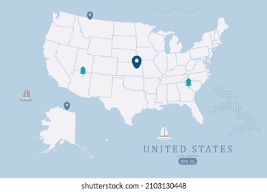 United States Map - World Map International vector template High detailed with white color isolated on blue background including simple point of location, tree, boat icon - Vector illustration eps 10