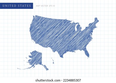 United States Map - World Map International vector template with blue outline graphic and pen drawing sketch style isolated on white grid background for design, website - Vector illustration eps 10