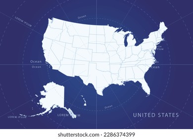 United States Map - World Map International vector template with High detailed and white color including circle line on blue background for design, infographic, website - Vector illustration eps 10