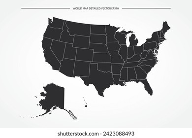 Mapa de los Estados Unidos - Mapa Mundial Plantilla vectorial internacional con Alto detalle con color de contorno en blanco y negro aislado en fondo blanco - Ilustración vectorial eps 10