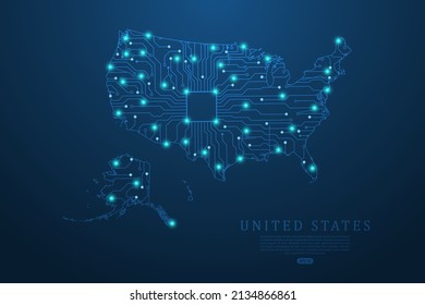 United States Map - World map vector template with Abstract futuristic circuit board Illustration or High-tech technology mash line and point scales on dark background - Vector illustration ep 10