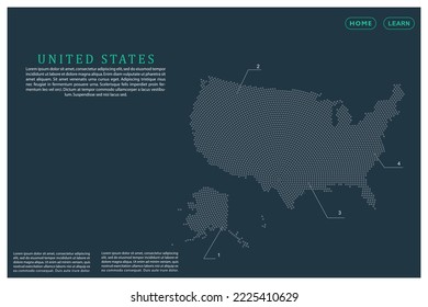 Karte der Vereinigten Staaten - Weltkarte, Vektorvorlage mit grauen Punkten, Gitter, Grunge, Halbtonstil einzeln auf grünem Hintergrund für Bildung, Infografik, Design, Website - Vektorgrafik eps10