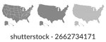 United States maps with state division, solid fill and pixel dot style. Ideal for presentations, infographics or educational projects