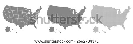 United States maps with state division, solid fill and pixel dot style. Ideal for presentations, infographics or educational projects