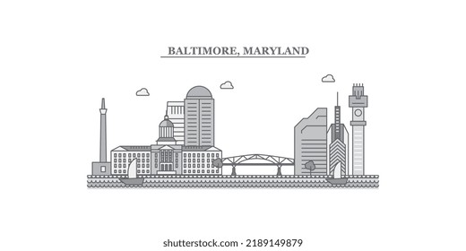 United States, Maryland city skyline isolated vector illustration, icons