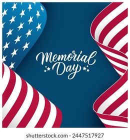 United States Memorial Day celebration. Hand lettering. Waving American Flag. Blue background. Vector illustration.