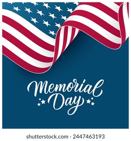 United States Memorial Day holiday card. Hand lettering. Waving American Flag. Blue background. Vector illustration.