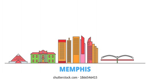 Estados Unidos, paisaje urbano de línea Memphis, vector plano. Punto de referencia de la ciudad de viajes, ilustración de oultine, íconos del mundo de la línea