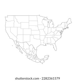 United States and Mexico political map of administrative divisions. Blank black outline vector map