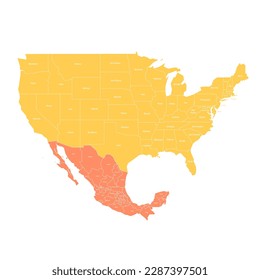 Mapa político de las divisiones administrativas de Estados Unidos y México. Mapa vectorial colorido con etiquetas.