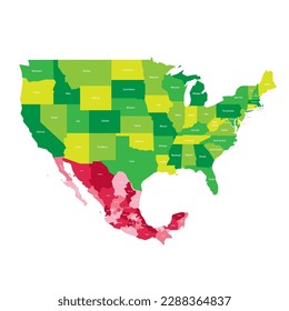 United States and Mexico political map of administrative divisions. Colorful vector map with labels.