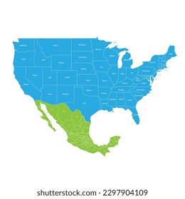 Mapa político de las divisiones administrativas de Estados Unidos y México. Mapa vectorial colorido con etiquetas.