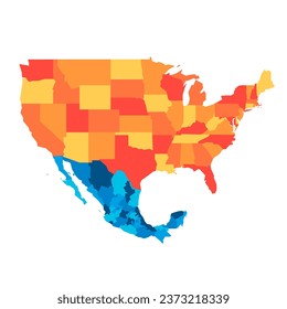 United States and Mexico political map of administrative divisions. Colorful blank vector map