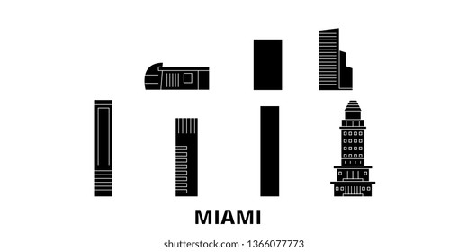 United States, Miami City flat travel skyline set. United States, Miami City black city vector panorama, illustration, travel sights, landmarks, streets.