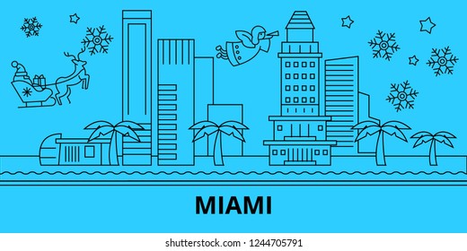 United States, Miami city winter holidays skyline. Merry Christmas, Happy New Year decorated banner with Santa Claus.United States, Miami city linear christmas city vector flat illustration