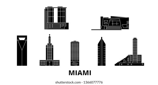 United States, Miami flat travel skyline set. United States, Miami black city vector panorama, illustration, travel sights, landmarks, streets.