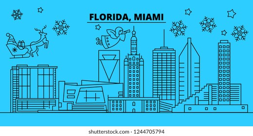 United States, Miami winter holidays skyline. Merry Christmas, Happy New Year decorated banner with Santa Claus.United States, Miami linear christmas city vector flat illustration
