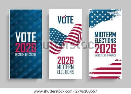 United States Midterm Elections 2026 Flyers Set with American Flag for political campaign graphic designs. Vector Illustration.