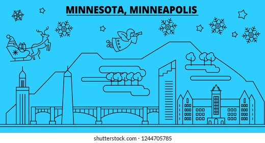 United States, Minneapolis winter holidays skyline. Merry Christmas, Happy New Year decorated banner with Santa Claus.United States, Minneapolis linear christmas city vector flat illustration