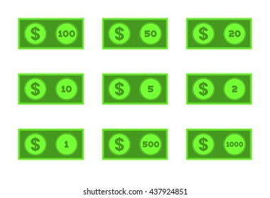 United States Money Icon Set. Every Denomination Of US Currency. Nine Flat Vector Drawings Dollar Bills Isolated On White