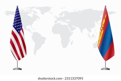 United States and Mongolia flags for official meeting against background of world map.