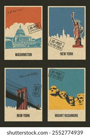 Estados Unidos Atrações Mais Famosas. Ilustrações de vetor de estilo de cartões postais retrô. Capitólio de Washington, Estátua da Liberdade de Nova York e Ponte do Brooklyn, Monumento ao Monte Rushmore