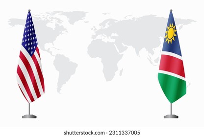United States and Namibia flags for official meeting against background of world map.