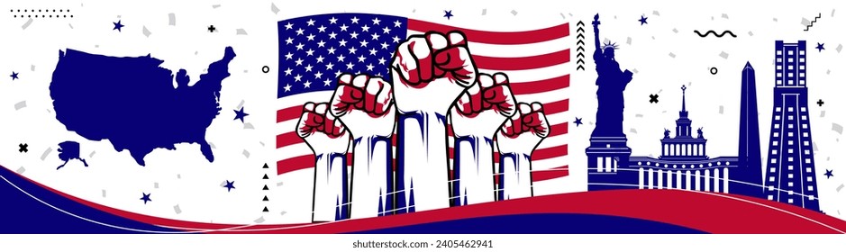 United states national day banner for independence day anniversary with USA flag and map in modern, abstract design in blue, red and white colors with stars