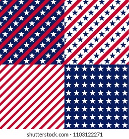 United States national stars and stripes seamless pattern set. US Memorial Day design elements. Classic red and blue American repeatable motif for background.