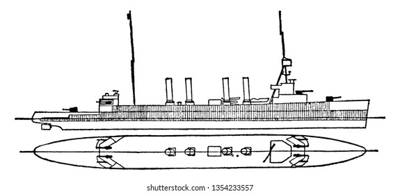 United States Navy Omaha Class Battlecruiser in which top speed of the cruiser is 35 knots, vintage line drawing or engraving illustration.