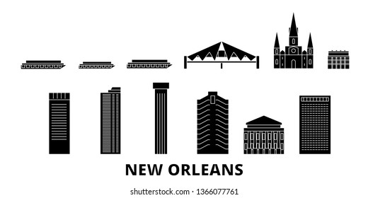 United States, New Orleans flat travel skyline set. United States, New Orleans black city vector panorama, illustration, travel sights, landmarks, streets.