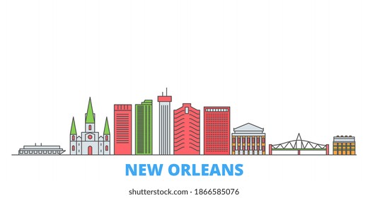 United States, New Orleans line cityscape, flat vector. Travel city landmark, oultine illustration, line world icons