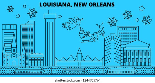 United States, New Orleans winter holidays skyline. Merry Christmas, Happy New Year decorated banner with Santa Claus.United States, New Orleans linear christmas city vector flat illustration