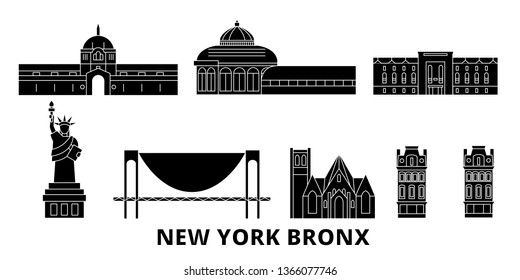 United States, New York Bronx flat travel skyline set. United States, New York Bronx black city vector panorama, illustration, travel sights, landmarks, streets.