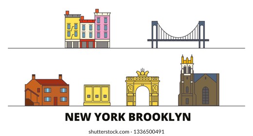 United States, New York Brooklyn flat landmarks vector illustration. United States, New York Brooklyn line city with famous travel sights, skyline, design. 