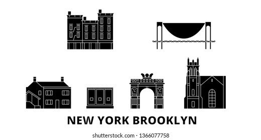 United States, New York Brooklyn flat travel skyline set. United States, New York Brooklyn black city vector panorama, illustration, travel sights, landmarks, streets.