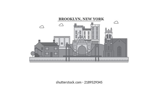 United States, New York Brooklyn city skyline isolated vector illustration, icons