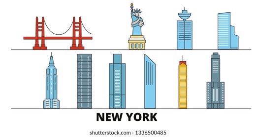 United States, New York City flat landmarks vector illustration. United States, New York City line city with famous travel sights, skyline, design. 