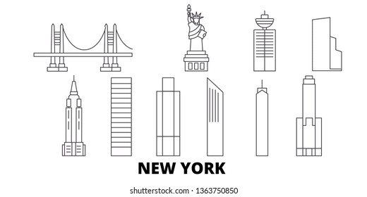 United States, New York City line travel skyline set. United States, New York City outline city vector illustration, symbol, travel sights, landmarks.