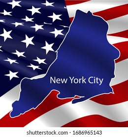 United States, New York City. Dark blue silhouette of the city on its borders on the background of the USA flag.