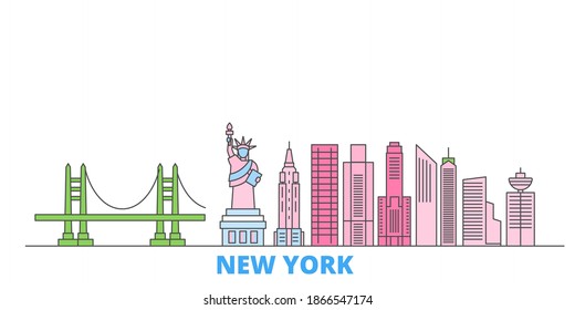 United States, New York City line cityscape, flat vector. Travel city landmark, oultine illustration, line world icons