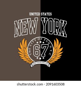 United states, New york college varsity slogan print. College slogan typography print design. Vector t-shirt graphic or other uses.