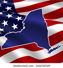 United States, New York. Dark blue silhouette of the state on its borders on the background of the USA flag waving in the wind.