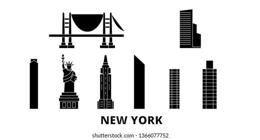 United States, New York flat travel skyline set. United States, New York black city vector panorama, illustration, travel sights, landmarks, streets.